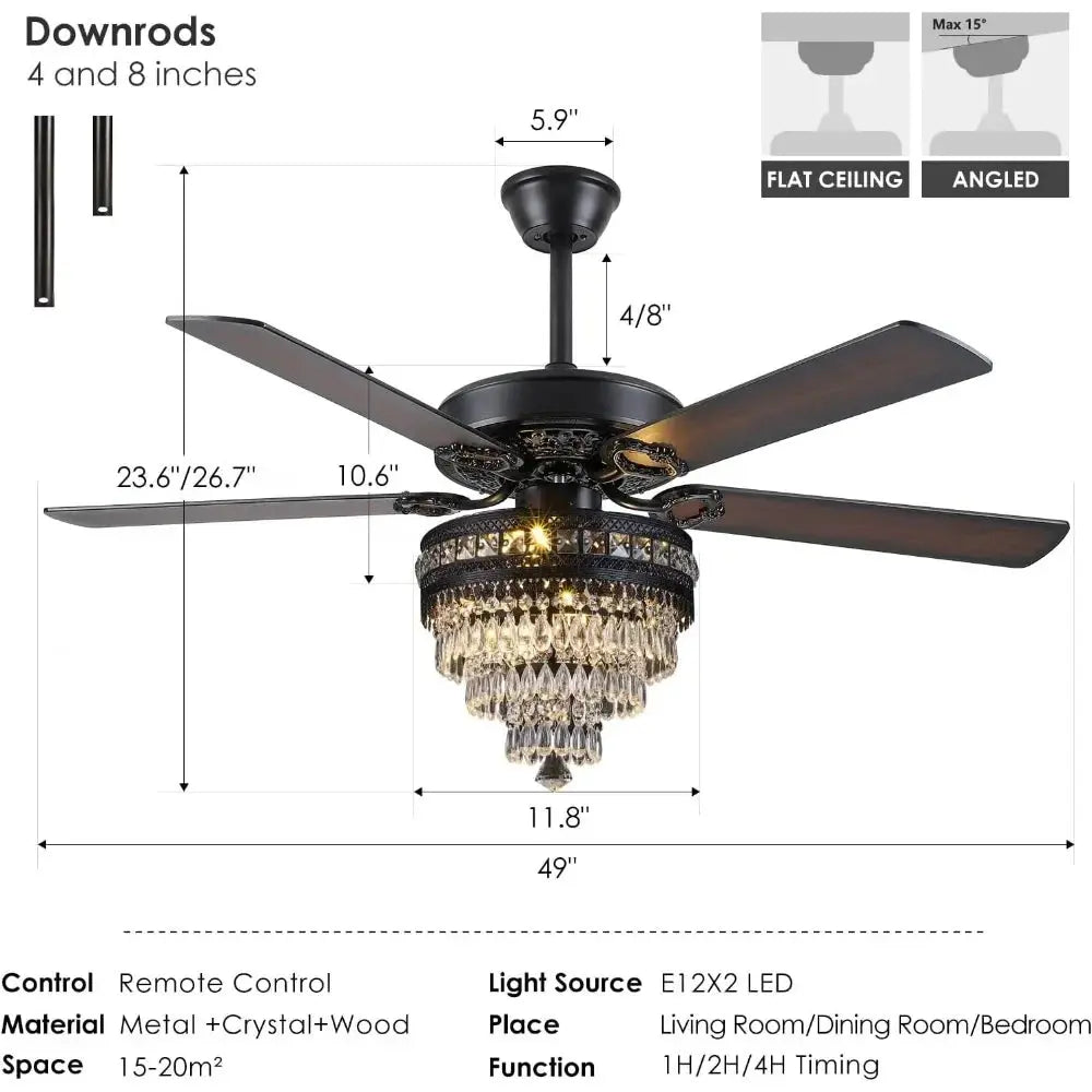 5-Blade Remote Control Crystal Ceiling Fan with Lights  Seus Lighting