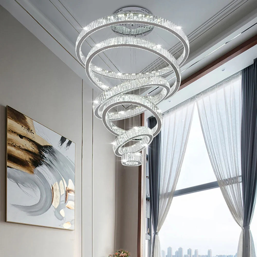 6 Tier Crystal Ring Chandelier for High Ceiling  Seus Lighting