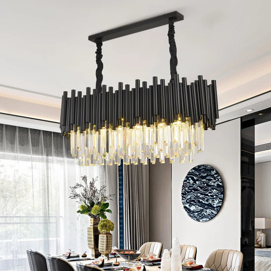 Finn Modern Black Linear Crystal Chandelier Dining Room  Seus Lighting