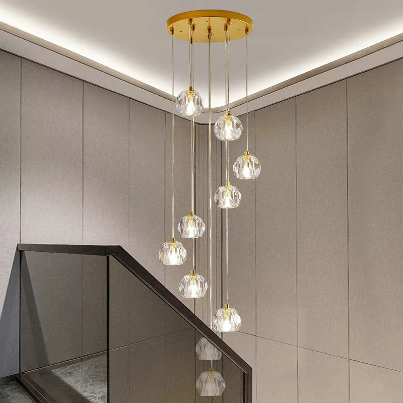 Gold Crystal Ball Chandelier in Staircase Setting