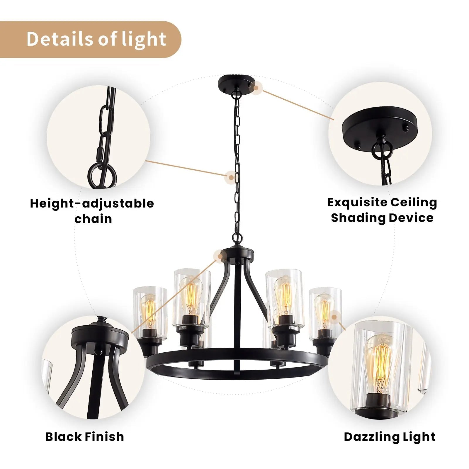 Jeshi 6-Lights Black Iron Wagon Wheel Chandelier  Seus Lighting