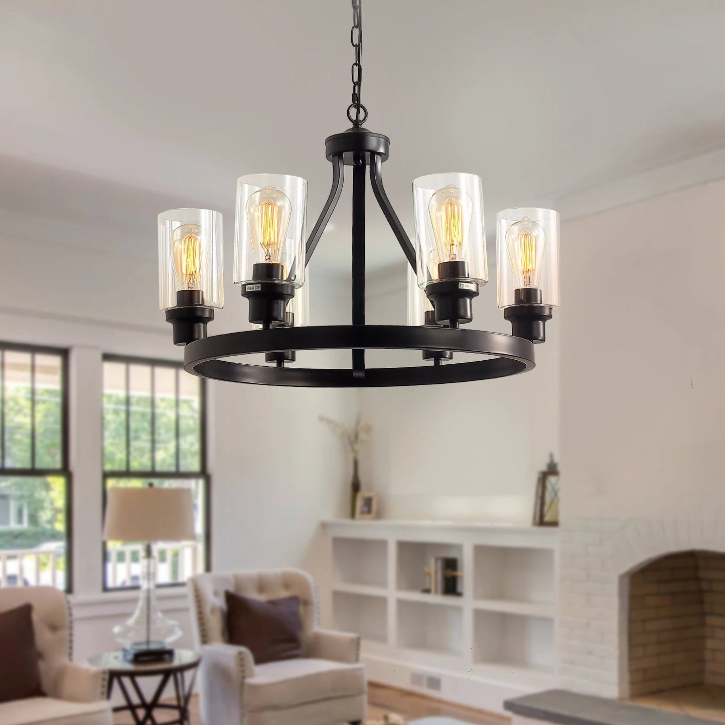 Jeshi 6-Lights Black Iron Wagon Wheel Chandelier  Seus Lighting