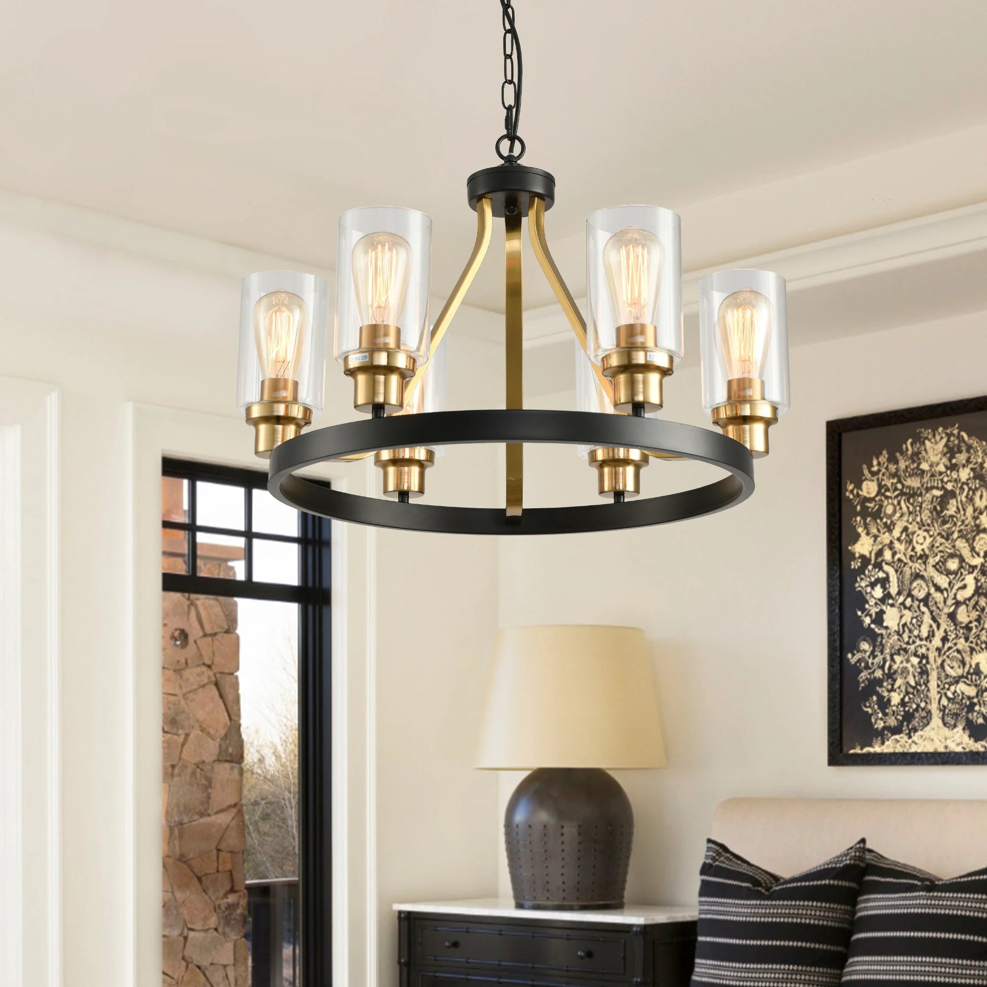 Jeshi 6-Lights Black Iron Wagon Wheel Chandelier  Seus Lighting