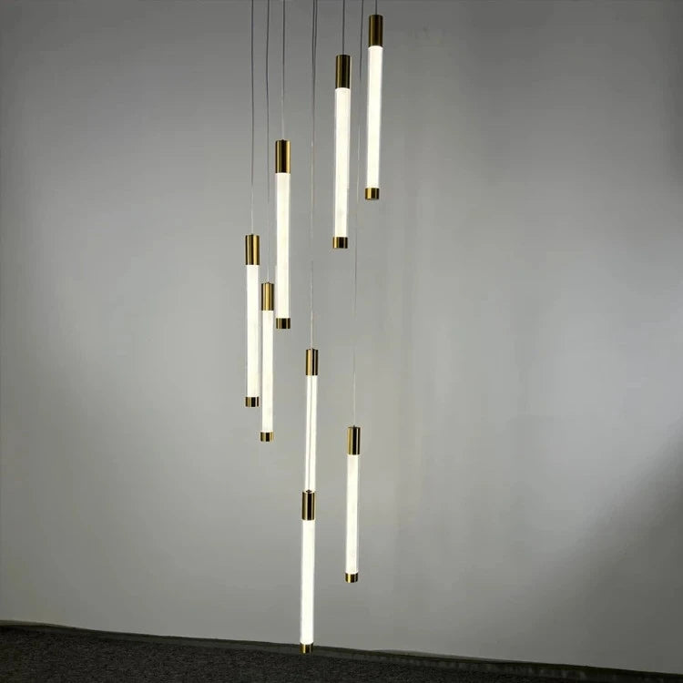 Kate Modern Gold Tube LED Staircase Chandelier  Seus Lighting