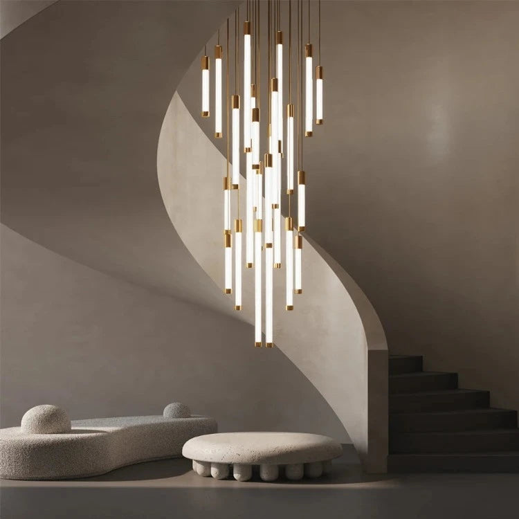 Kate Modern Gold Tube LED Staircase Chandelier  Seus Lighting