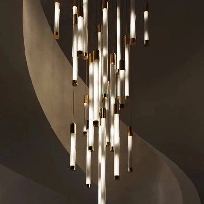 Kate Modern Gold Tube LED Staircase Chandelier  Seus Lighting