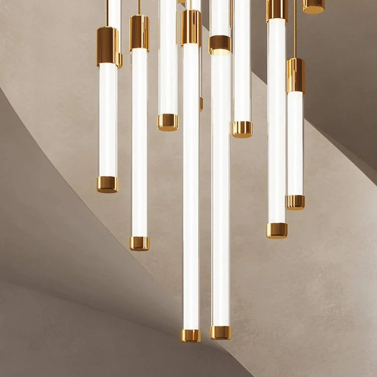 Kate Modern Gold Tube LED Staircase Chandelier  Seus Lighting