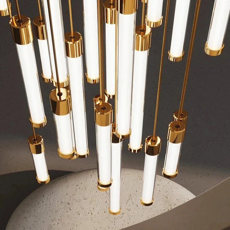 Kate Modern Gold Tube LED Staircase Chandelier  Seus Lighting