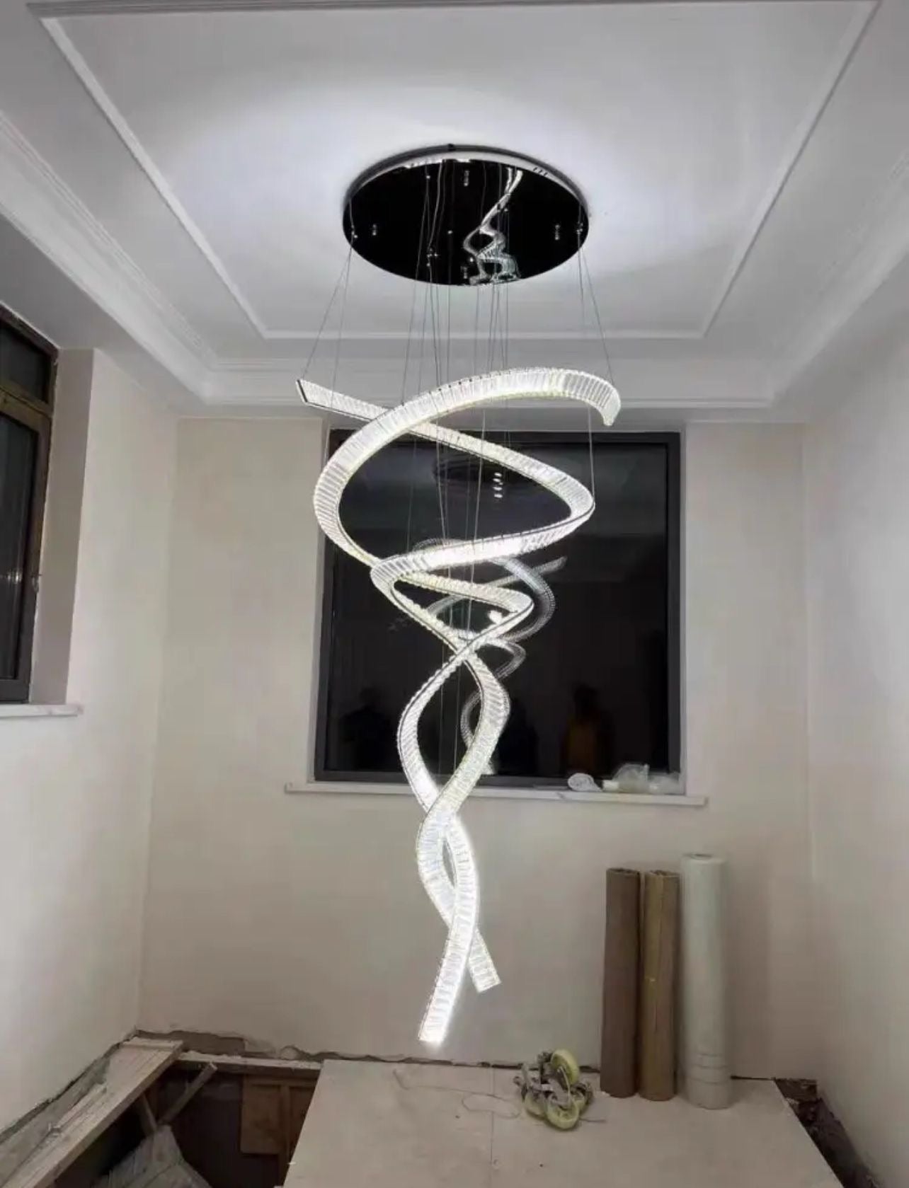 Modern Crystal Light Fixture for Staircase Foyer High Ceiling Silver 31.49 80 cm App with RC Dimmable