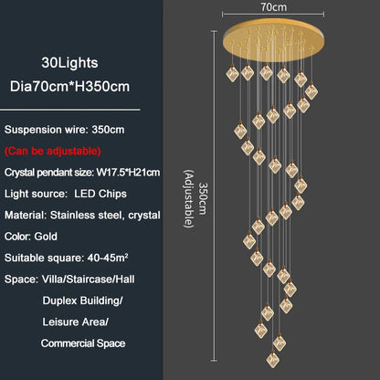 Modern Gold Long Spiral Crystal Chandelier for Staircase