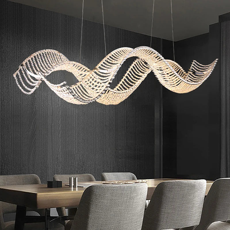 Modern Wave Crystal Chandelier Over Dining Table