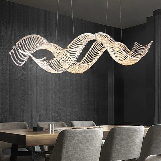 Modern Wave Crystal Chandelier Over Dining Table  Seus Lighting