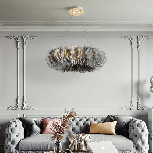 Round Feather Chandelier - White & Pink & Gray & Yellow Pink-Large-White-Light-6000k Seus Lighting