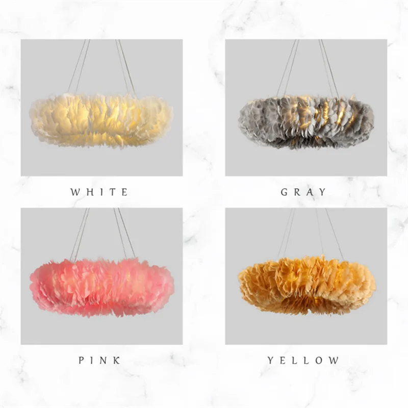 Round Feather Chandelier - White & Pink & Gray & Yellow  Seus Lighting