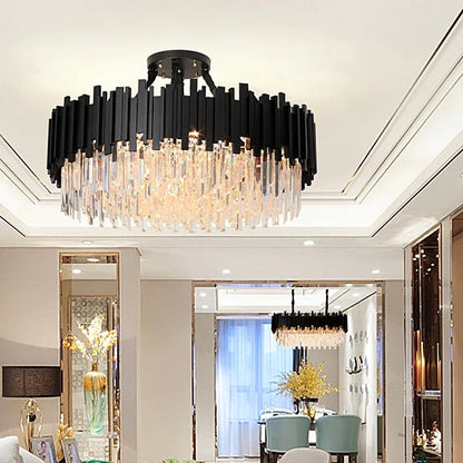 Zen Modern Round Black And Gold Crystal Chandelier  Seus Lighting